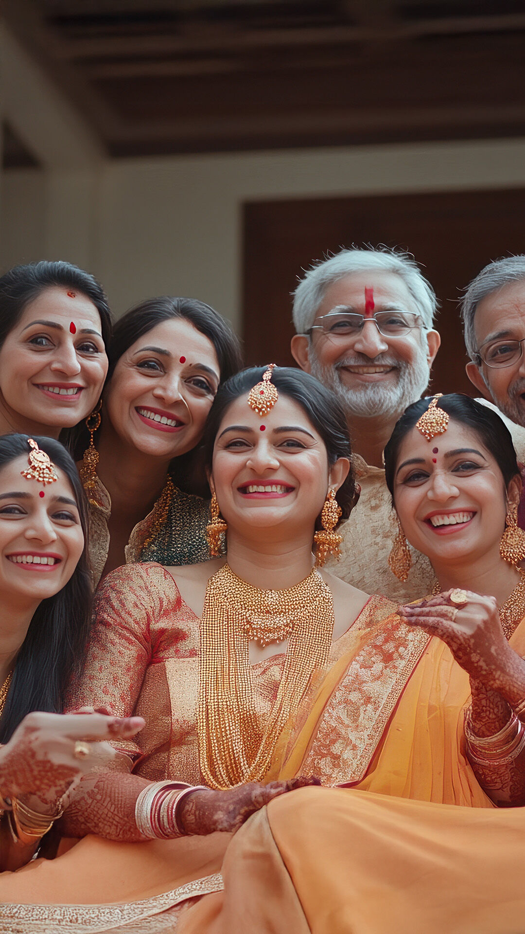 A family smiling and clicking pics in wedding